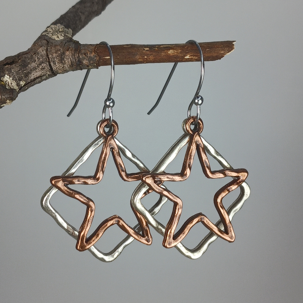 HAND CRAFTED EARRINGS Boho Celestial Copper Star Silver Mixed Metal Dangle Drop - Picture 4 of 6